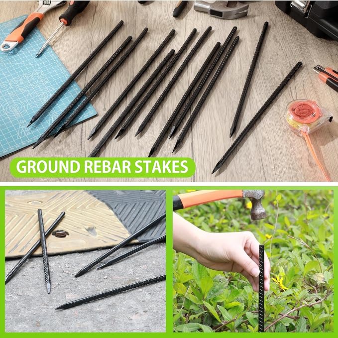 Jetec 12 Pcs 12 Inch Black Ground Rebar Stakes Heavy Duty Ground Anchors Steel Plant Support Garden Stake Long Straight Metal Spikes with Chisel Point End for Garden Concrete Plant Tent
