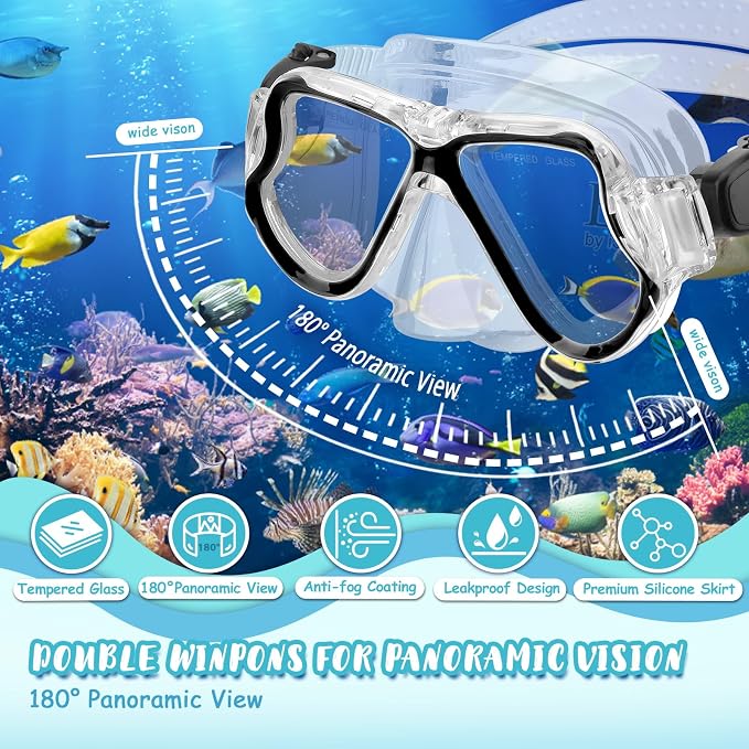 Snorkeling Gear for Kids, 4 in 1 Child Mask Fins Snorkel Set with Panoramic View Anti Fog Mask, Dry Top Snorkel, Trek Fins and Travel Bag, Kids Snorkeling Set with Fins for Snorkeling Swimming