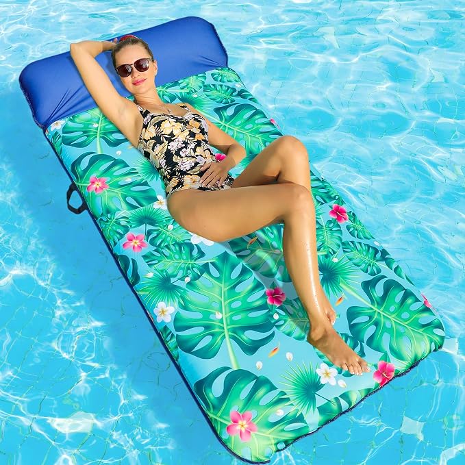 FindUWill Oversized Pool Float Lounge, 72" X 37" Extra Large Fabric-Covered Pool Floats for Adults, Inflatable Contour Lounger with Headrest Ultra-Comfort Cooling Pool Raft (XL, Monstera)