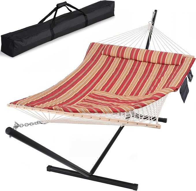 SUNCREAT Hammocks Portable Hammock with Stand, Carrying Bag, Hammock with Stand 2 Person Heavy Duty for Bedroom, Backyard, Patio, Balcony, Red Stripe