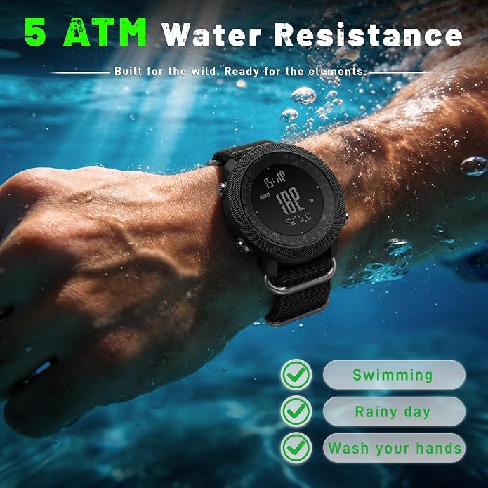 CakCity Digital Watch Military Tactical Watches for Men, 50mm Large Face Zinc Alloy Case with Breathable Double-Layer Nylon Strap, 5ATM Waterproof Shockproof, Altimeter, Barometer, Thermometer, Dual Time, Compass, Alarm, Stopwatch, Countdown