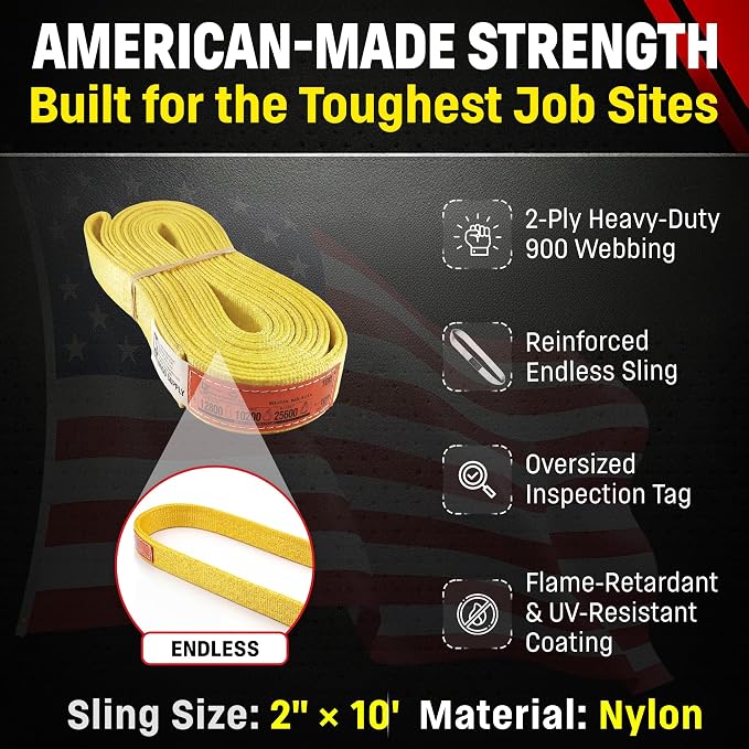 DD Sling 2" x 10' Nylon Endless Lifting Sling – USA Made, 12,800 lb Vertical, 10,200 lb Choker, 25,600 lb Basket – 2 Ply Heavy Duty 900 Webbing, Type 5 Endless Rigging Sling