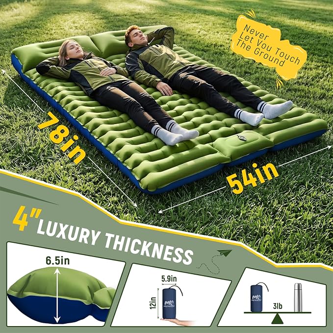 Myxslop Double Sleeping Pad for Camping, 4" Extra-Thick 2 Person Inflatable Camping Mattress with Built-in Pillow & Foot Pump, Compact Sleeping Mat for Outdoor Tent, Backpacking, Hiking and Car Travel