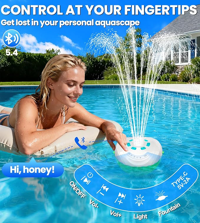 Luxfero 3 in 1 Floating Pool Fountain with Pool Speaker & Lights,2026 New Rechargeable Pool Fountain,Floating Bluetooth 5.4 Speaker IP68 Waterproof,Above Ground Pool Water Fountain with Anchor-White