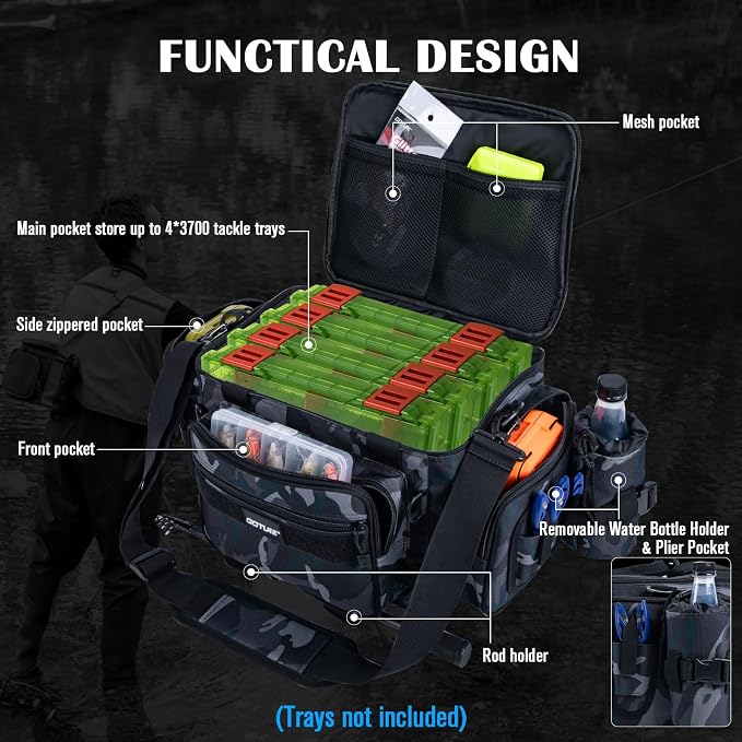 Goture Fishing Tackle Bag with 4PCS 3700 Tackle Boxes | 600D Water-Resistant, Rod Straps, Detachable Bottle Pouch, SBS Zippers, Freshwater & Saltwater Gear Storage Fishing Bag