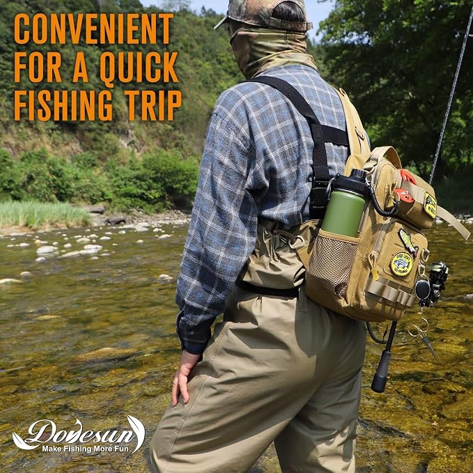 Dovesun Small Fishing Backpack Fishing Sling Bag with 3600 Tackle Box Small Tackle Backpack with Tool Set Khaki