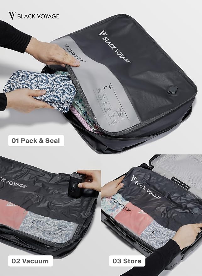 Black Voyage Reusable Vacuum Compression Travel Bag for Carry-On Suitcase and Backpack, Recycled IPX8 Waterproof Space Saver Vacpack (2-Pack, 41L - No Pump)