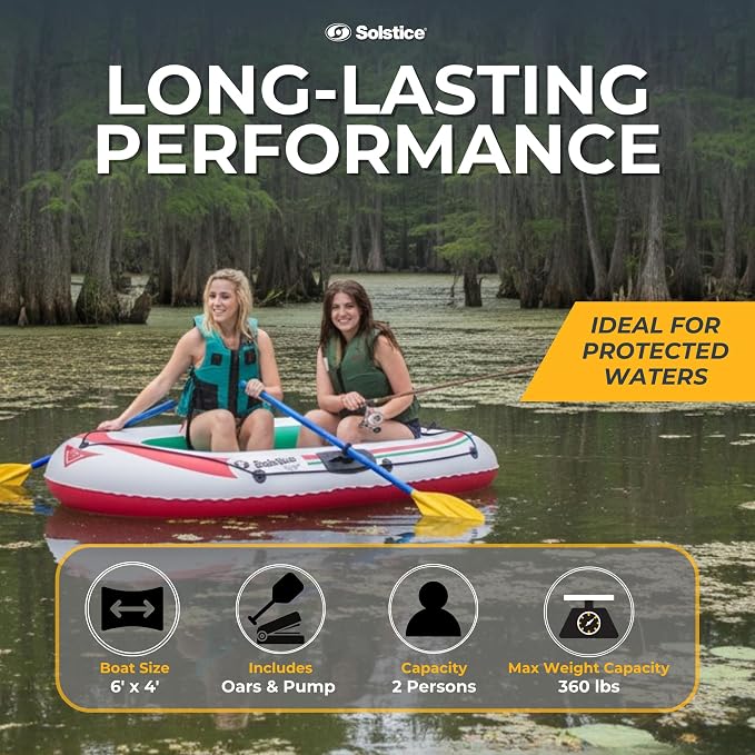 SOLSTICE Inflatable Boat for Lakes, Rivers & Beaches – Heavy-Duty Raft with Swivel Oar Locks & Grab Line – Voyager, Full Kit Includes Oars & Pump, 2-Person, White, 6'