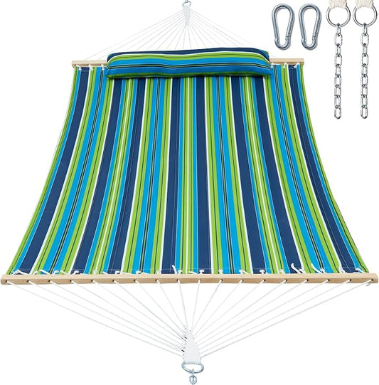 GAFETE Hammock 2 Person Quilted Fabric Hammocks for Outside, Double 12ft Hammocks with Spreader Bar, Large Removable Pillow, Storage Bag, Carabiners, Max 475 lbs Capacity (Garden)