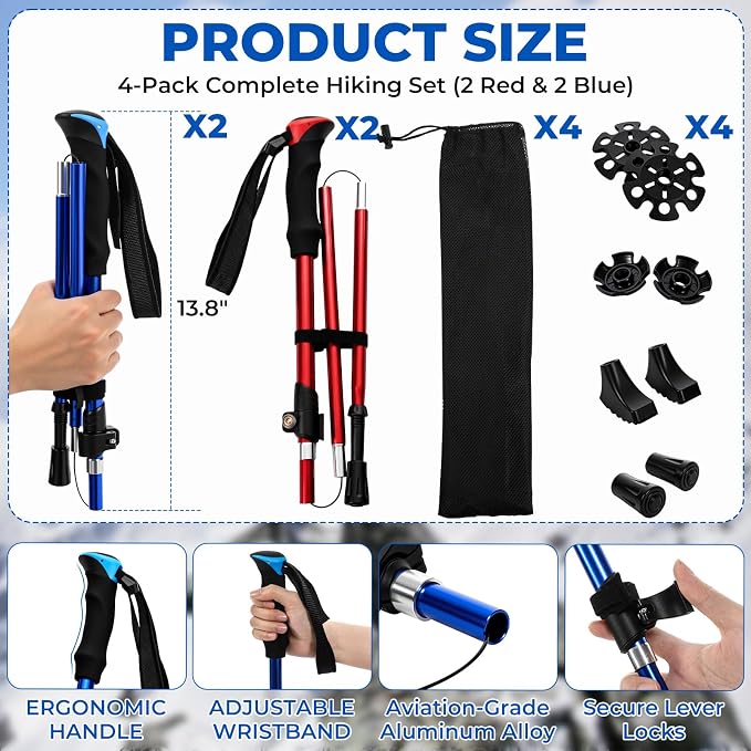 4 Pcs Trekking Poles Set, Collapsible Aluminum Hiking Poles, Adjustable Folding Trekking Sticks, Lightweight Travel Walking Sticks with Storage Bag for Adult Men Women