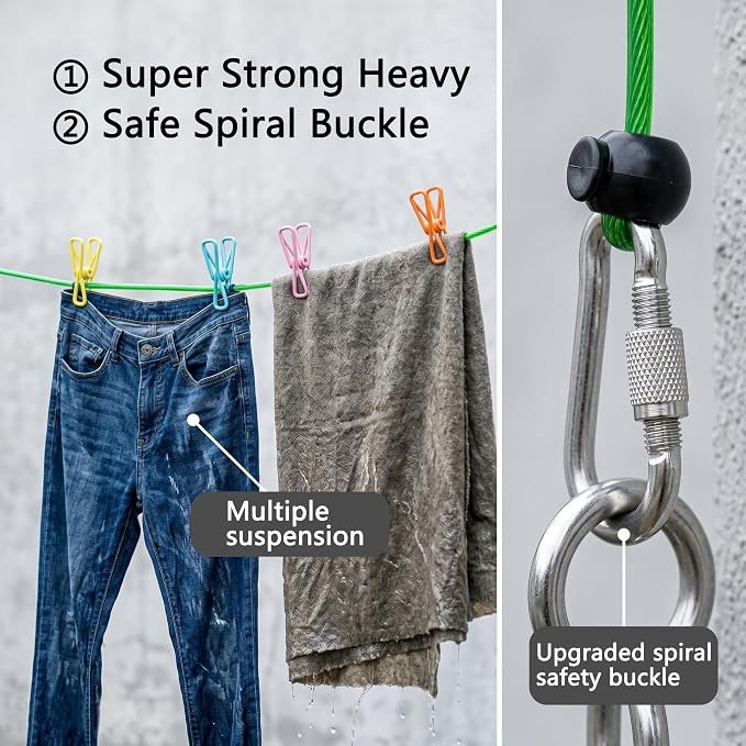 ISQ Steel Core Clothesline with 16 Clothespins 17 Anti-Slip Balls, Heavy Duty Portable for Indoor Outdoor Camping RV Balcony(1 Piece)
