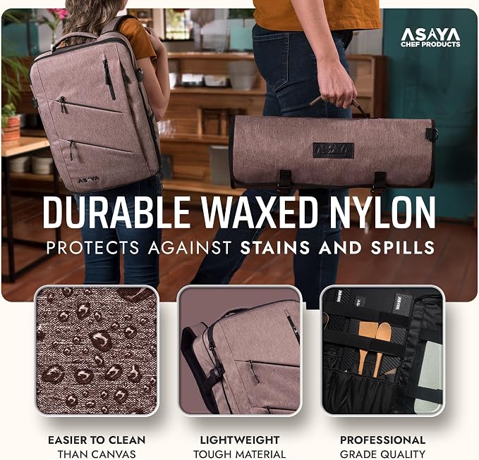 Asaya Chef Knife Backpack with 20-Pocket Knife Roll Bag - Over 30 Storage Pockets Chef Bag, Professional Backpack for Chefs and Culinary Students – Knives Not Included (Brown)