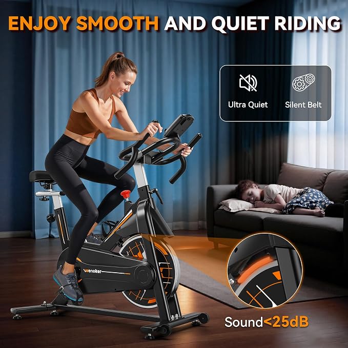 Wenoker Exercise Bike,Indoor Spin Bike with Adjustable Resistance Bluetooth Fitness App, 350 LBS Heavy Duty Frame,Smooth Quiet Belt Drive, Adjustable Handlebars & Seat with Transport Wheels