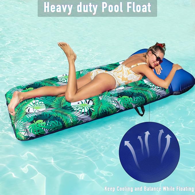 FindUWill Oversized Pool Float Lounge, 72" X 37" Extra Large Fabric-Covered Pool Floats for Adults, Inflatable Contour Lounger with Headrest Ultra-Comfort Cooling Pool Raft (XL, Monstera)