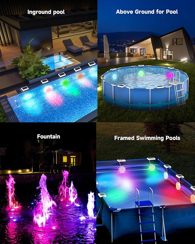 Solar Pool Lights, Rechargeable Submersible LED Lights with Remote, IP68 Waterproof Built-in Magnet Solar Underwater Light for Above Ground/Inground Pools, Pond Decoration(4 Pack)