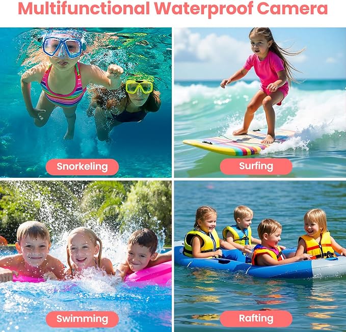 4K Underwater Digital Camera for Kids: 10FT Waterproof Camera - 48MP Floating Camera for Snorkeling - Surfing - Swimming - Dual-Screen Selfie - Autofocus - 18X Zoom - 32GB TF-Card - Pink - 2026 New