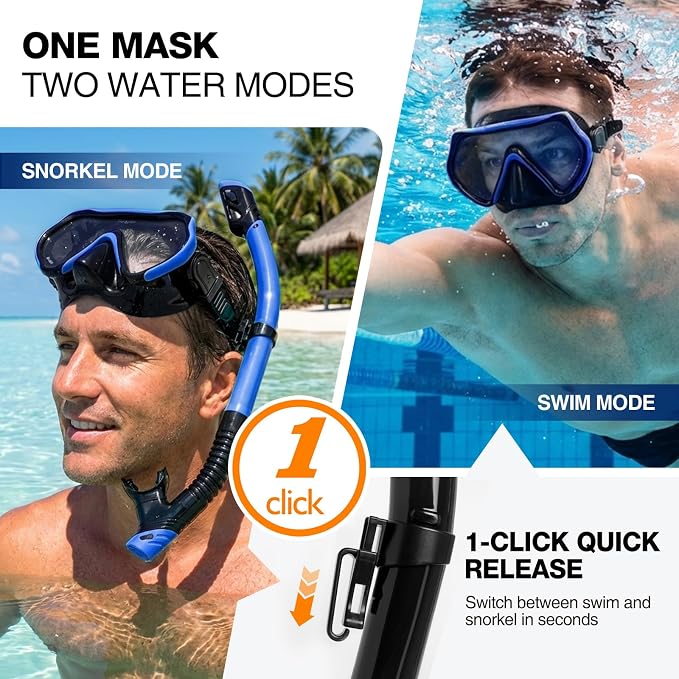 DRMAWIN Snorkeling Gear for Adults & Kids, Dry-Top Snorkel Set with 180° Tempered Glass Mask, Anti-Fog Anti-Leak, Travel Mesh Gear Bag