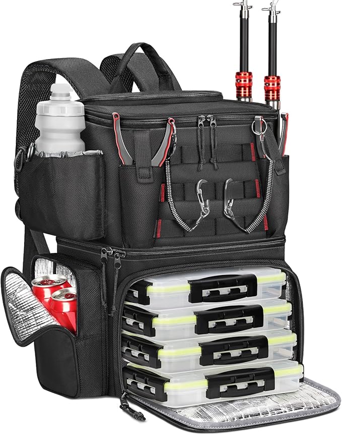 MATEIN Fishing Backpack with 4 Tackle Boxes, Fishing Bag with Rod Holder | 3600 Tackle Box 4 Pack, Water Resistant Tackle Backpack with Cooler Compartment, Safety Compass, Gifts for Fishermen