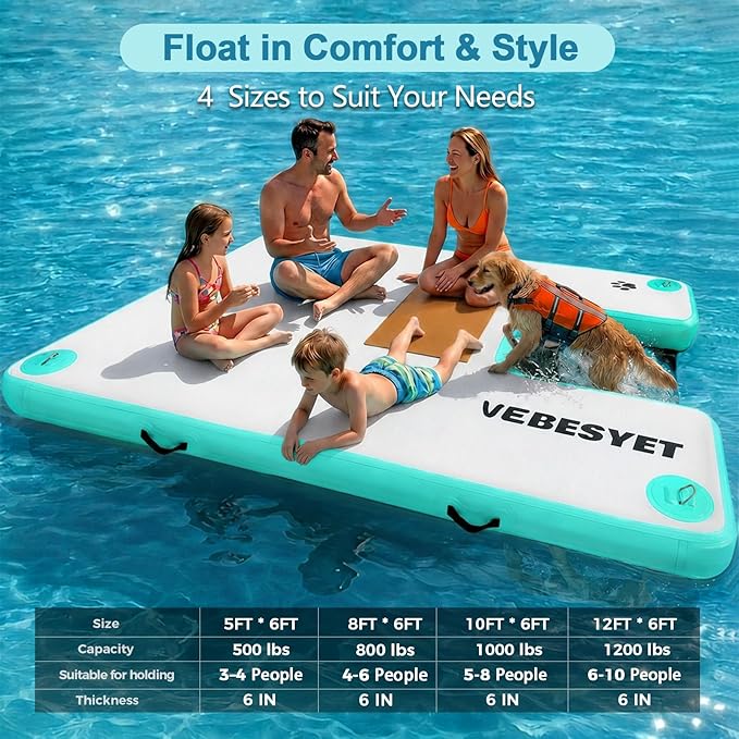 Inflatable Dock with Water Ramp, 6 inch Thick Non-Slip Inflatable Floating Dock for Dogs & Adults, Durable Drop-Stitch Floating Dock Platform for Lake, Ocean, Swimming & Fishing