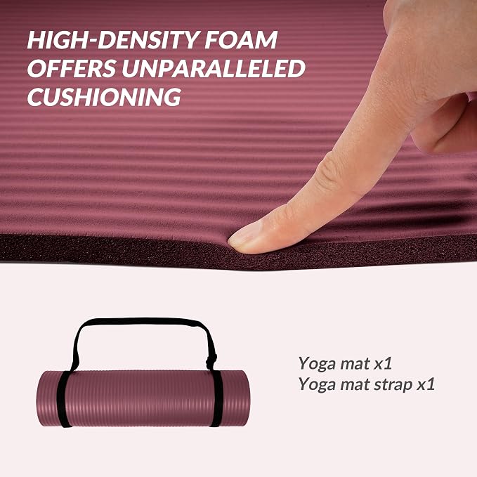 Signature Fitness Extra Thick High-Density Foam Yoga Mat – Multiple Thicknesses (1/2" & 1") / Multiple Colors – Double-Sided Non-Slip Surface – with Carrying Strap for Pilates, Yoga & Home Workouts