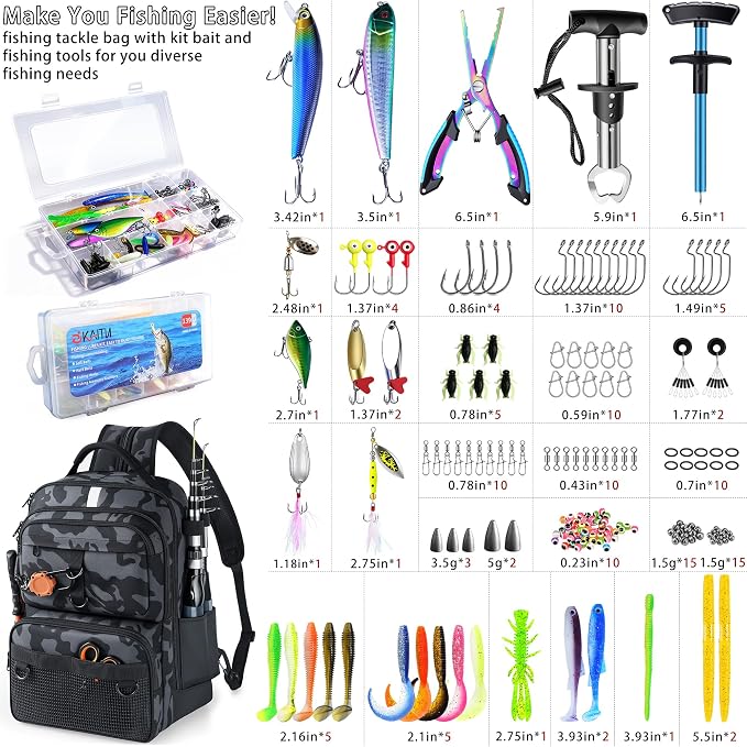 Fishing Backpack with Tackle Boxes and Rod Holder, 24L Fishing Sling Bag with Fishing Lures Kit, Fishing Gear Bag Gifts for Men Women - Black Camo Backpack