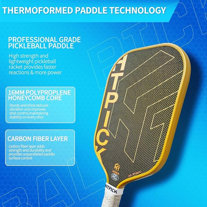 Pickleball Paddles, Carbon Fiber Pickleball Paddle High Grit & Spin with PP Honeycomb Core 16mm Thickness and Thermoformed Elongated Shape, Increased Power for Ultimate Spin & Consistency