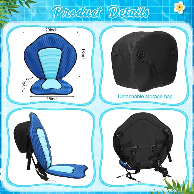 Vinsot Kayak Seat Cushion Universal Paddle Board Seat with Back Support Adjustable Non Slip Boat Chair Seats with 4 Straps and Storage Bag for Kayak Boat Sup Canoe