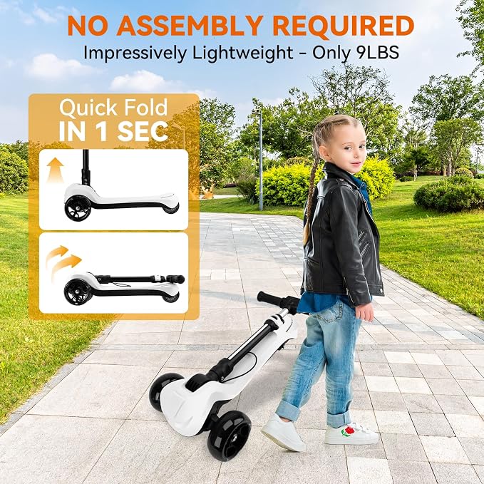 Electric Scooter for Kids w/150W Powerful Motor, Thumb Throttle, LCD Screen, Bluetooth, Light-Up Stem Deck & Wheels, 3 Adjustable Heights, 5MPH Safe Speed, 3 Wheel Electric Scooter for Kids