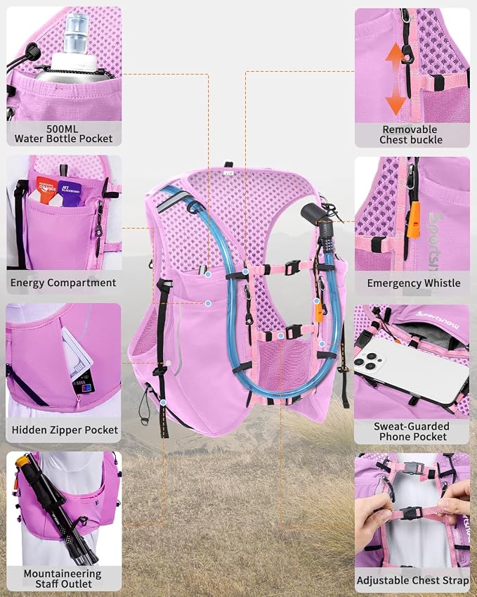 Sportsnew Running Vest for Women Men, Lightweight 10L Hydration Backpack with Waterproof Phone Pocket, Hydration Pack with Water Bladder for Hiking Trail