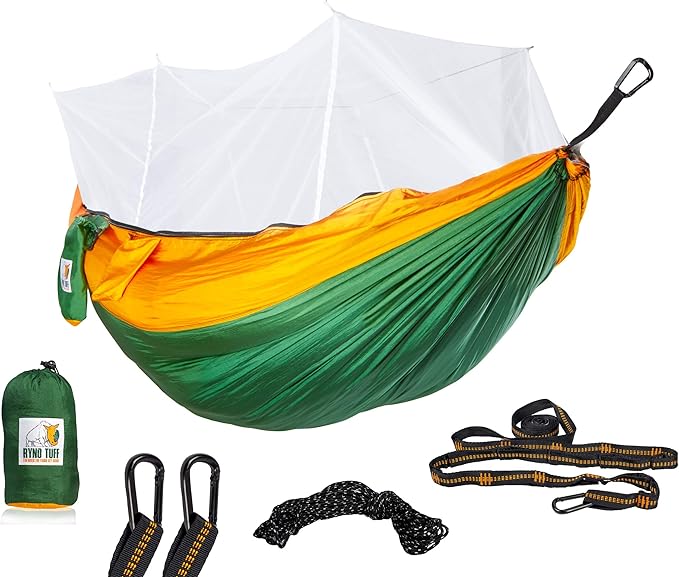 Ryno Tuff X-Large 2 Person Camping Hammock with Mosquito Net - Compact Double Hammock with Bug Net, Pocket, Tree Straps & Heavy Duty Carabiners - Parachute Grade Nylon Can Hold Over 600lbs of Weight