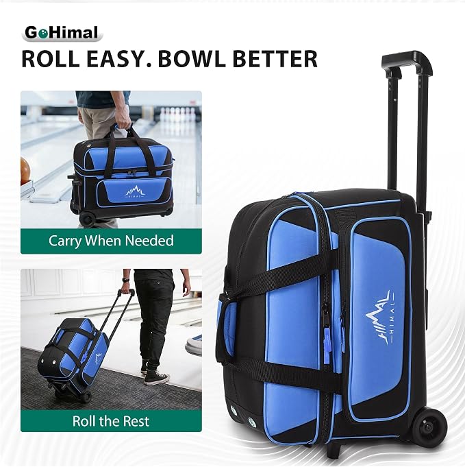 GoHimal Double Roller 2 Ball Bowling Bag with Separate Shoe Compartment for Bowling Shoes (Up To US Mens Size 15) and Oversized Accessory Pocket, Retractable Handle - Extends to 40"