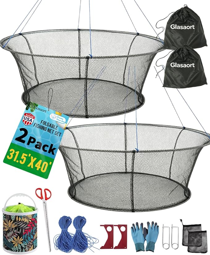 2Pack Drop Net for Pier Fishing Set, Foldable Fishing Net 31.5"×40" Hoop, Foldable Crab & Fishing Net Trap, Crab Nets for Crabbing Trap, Pier & Dock Drop Net for Crawfish, Shrimp, and Minnows