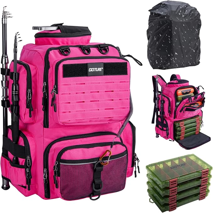Goture Fishing Backpack with 4 Tackle Boxes,900D Water-Resistant Tackle Backpack with Rod Holders,45L Large Fishing Bag Storage Gear Tackle Bag with Rain Cover,Bottle Holder for Travel Camping Hiking