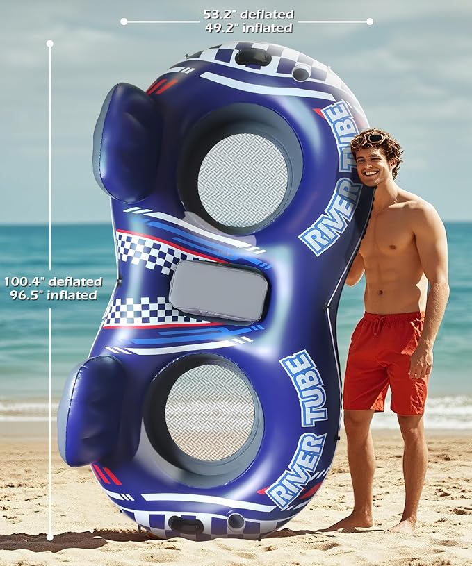 Jasonwell Inflatable River Tube Float - 2 Person Heavy Duty River Float Pool Floats with Removable Cooler Lake Water Tubes for Floating River Raft Lounge Floatie with 2 Cup Holders for Adults (D-Blue)