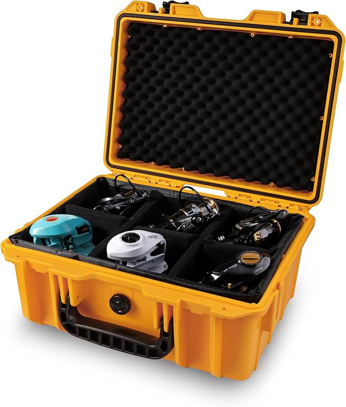 Fishing Reels Storage Case 13 Inches,Heavy Duty Waterproof Fishing Wheel Protective Hard Case, Tackle Collection Holder Box, 6pcs Adjustable Shockproof Dividers (Yellow)