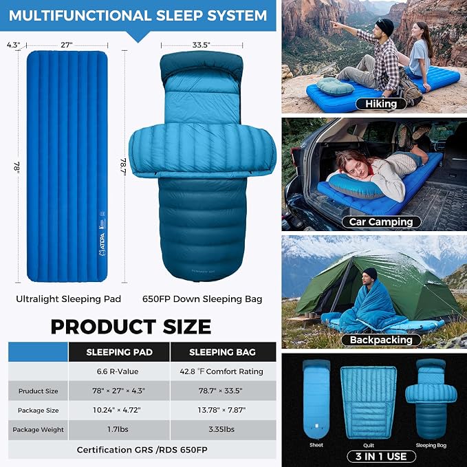 ATEPA Down Sleeping Bag for Adults, Recycled Ultralight 35°F 40°F 45°F 50°F 650FP / 700FP 3 Season Compact Sleeping Bags with Compression Sack for Backpacking Camping Hiking, Can Be Attached to Pad