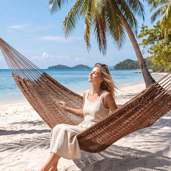 PNAEUT Handwoven Mayan Hammock, Thick Soft Rope Double Hammock for Outdoor Outside & Indoor, 600 lbs Capacity Heavy-Duty, Includes Tree Straps, Carabiners & Carrying Bag (Desert, X-Large)