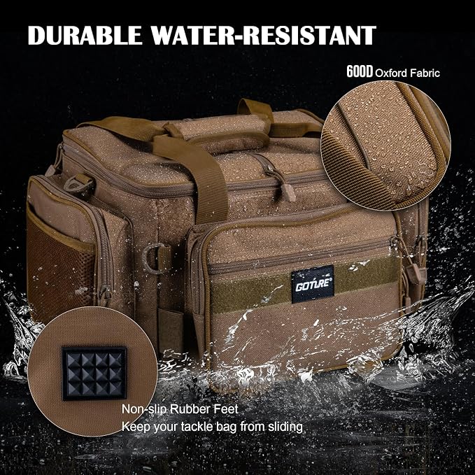 Goture Fishing Tackle Bag,Store Up to 4PCS 3700 Tackle Boxes(Not Included),600D Soft Side Water-Resistant Saltwater Gear Storage Fishing Bag with Rod Straps,Detachable Water Bottle Pouch,SBS Zippers