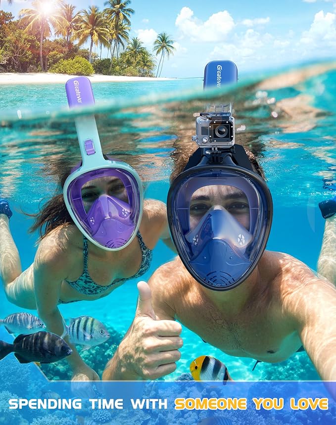 Greatever Full Face Snorkel Mask, Snorkeling Gear for Adults with Latest Dry Top Breathing System and Detachable Camera Mount, Foldable Snorkel Set for Family Snorkeling Trips, Anti-Fog & Anti-Leak