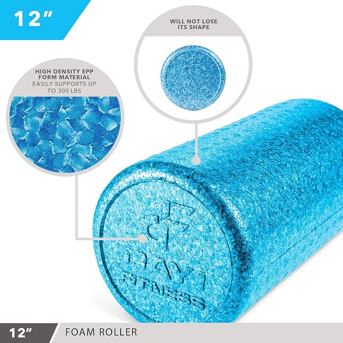 Day 1 Fitness High Density Muscle Foam Rollers - Sports Massage Rollers for Stretching, Physical Therapy, Deep Tissue, Myofascial Release - Ideal for Exercise and Pain Relief – Solid Blue, 12”