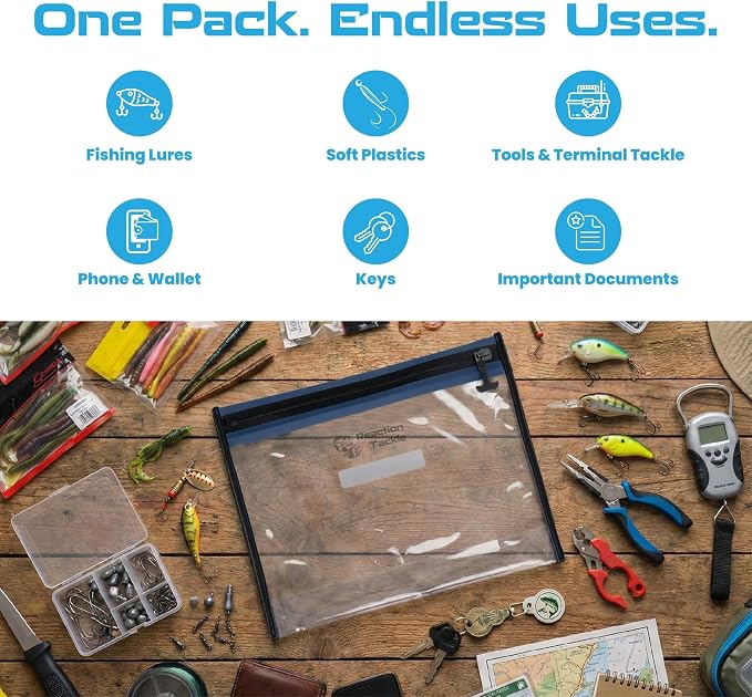Reaction Tackle Waterproof Clear Tackle Bags, Dive Rated Zipper Submersion Proof Storage for Soft Plastics and Lures, Gusseted and Flat for Boats and Kayaks (2-Pack)