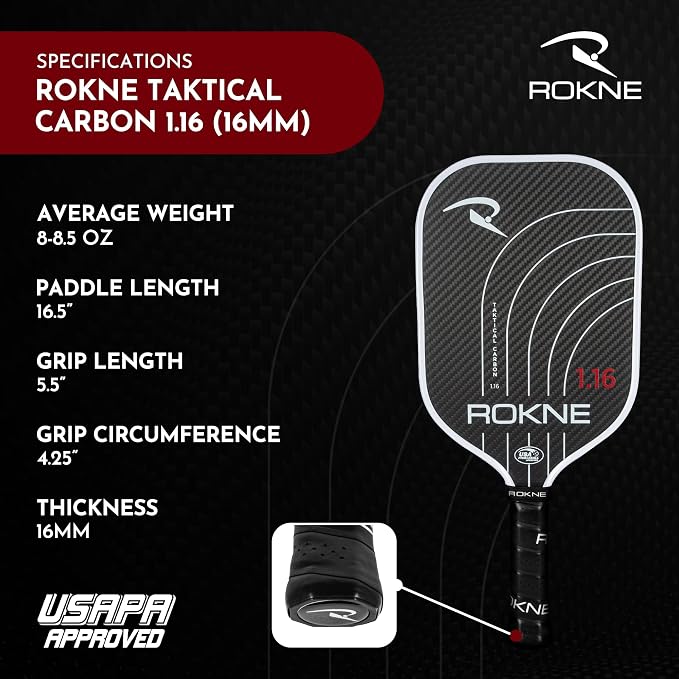 ROKNE Taktical Carbon Series, Pickleball Paddle, 3K Raw Carbon Fiber, Thermoformed Foam Lined Edge, 13MM or 16MM, USAPA Approved Pickleball Racket, High Grit Texture, Max Spin