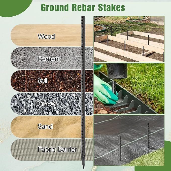 Jetec 12 Pcs 36 Inch Black Ground Rebar Stakes Heavy Duty Ground Anchors Steel Plant Support Garden Stake Long Straight Metal Spikes with Chisel Point End for Garden Concrete Plant Tent