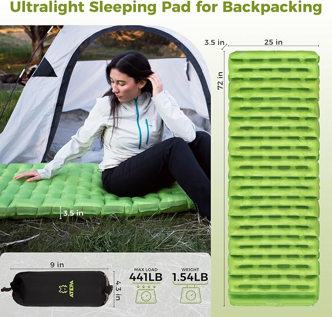 ATEPA ThermAir Ultralight Sleeping Pad for Camping & Backpacking, 6 R-Value Insulated Air Mattress, 3.5” Thick Compact Inflatable Sleeping Mat with Emergency Pump Sack, Wide Long Size (72"x25")