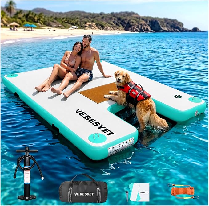 Inflatable Dock with Water Ramp, 6 inch Thick Non-Slip Inflatable Floating Dock for Dogs & Adults, Durable Drop-Stitch Floating Dock Platform for Lake, Ocean, Swimming & Fishing