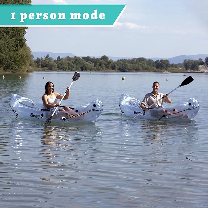 Clear Kayak - Transparent 2-Seater Inflatable Tandem for Two Adults - See-Through Style - Complete Set with Adjustable Seats, Pump, Paddles, Carry Bag & Tracking Fin