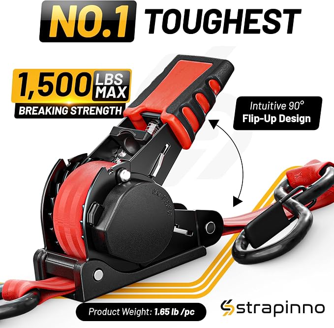 Strapinno Retractable Ratchet Straps (4-Pack), 1 in x 10 ft, 1,500LBS Break Strength, Most Durable Straps and Core, Auto Self Retracting Tie Downs for Truck, Moving, Motorcycle, Bike, Jetski, Kayak