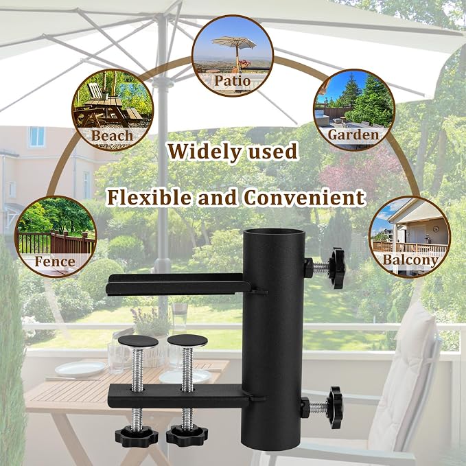Patio Umbrella Clamp Clip, Umbrella Stand Holder, Outdoor Umbrella Base Adjustable Metal Umbrella Clamp Stand Mount for Chair, Fence Post, Square Railing, Bleachers, Table