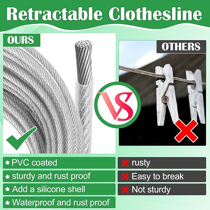 Windspeed Retractable Clothesline Outdoor Heavy Duty Travel Clothesline Retractable Clothes Line for Outside Travel Camping Cloth Line, Galvanized Steel Material, and 10 Clips, Storage Bag