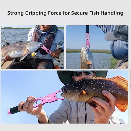 11.6" Fish Lip Gripper, Aluminum Alloy Fish Grabber with 40lb Scale, 360° Swivel Handle, Corrosion-Resistant for Saltwater & Freshwater (Pink)